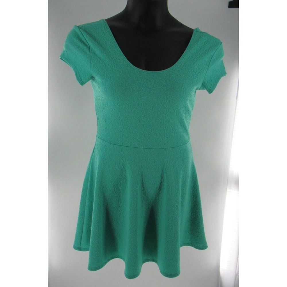 Teal Textured Rose Print Fit Flare Short Sleeve Peplum Dress Size Medium